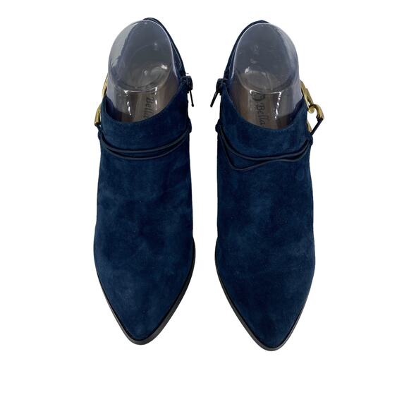 Blue Suede Bootie 8.5 M BELLA VITA Gold Accent Heel Ankle Boot Shootie Western - Picture 16 of 16